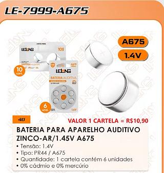 BATERIA PARA APARELHO AUDITIVO ZINCO-AR/1.45V A675
