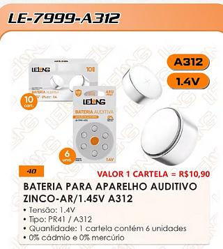 BATERIA PARA APARELHO AUDITIVO ZINCO-AR/1.45V A312