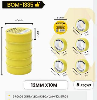 KIT 5 ROLOS DE FITA VEDA ROSCA 12MM*10m