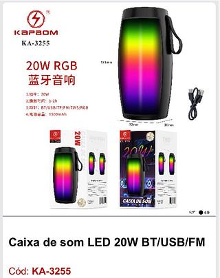 Caixa de som LED 20W BT/USB/FM